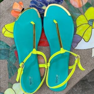Neon Yellow and Teal Brass Metallic Front Mossimo T Strap sandals from Target.